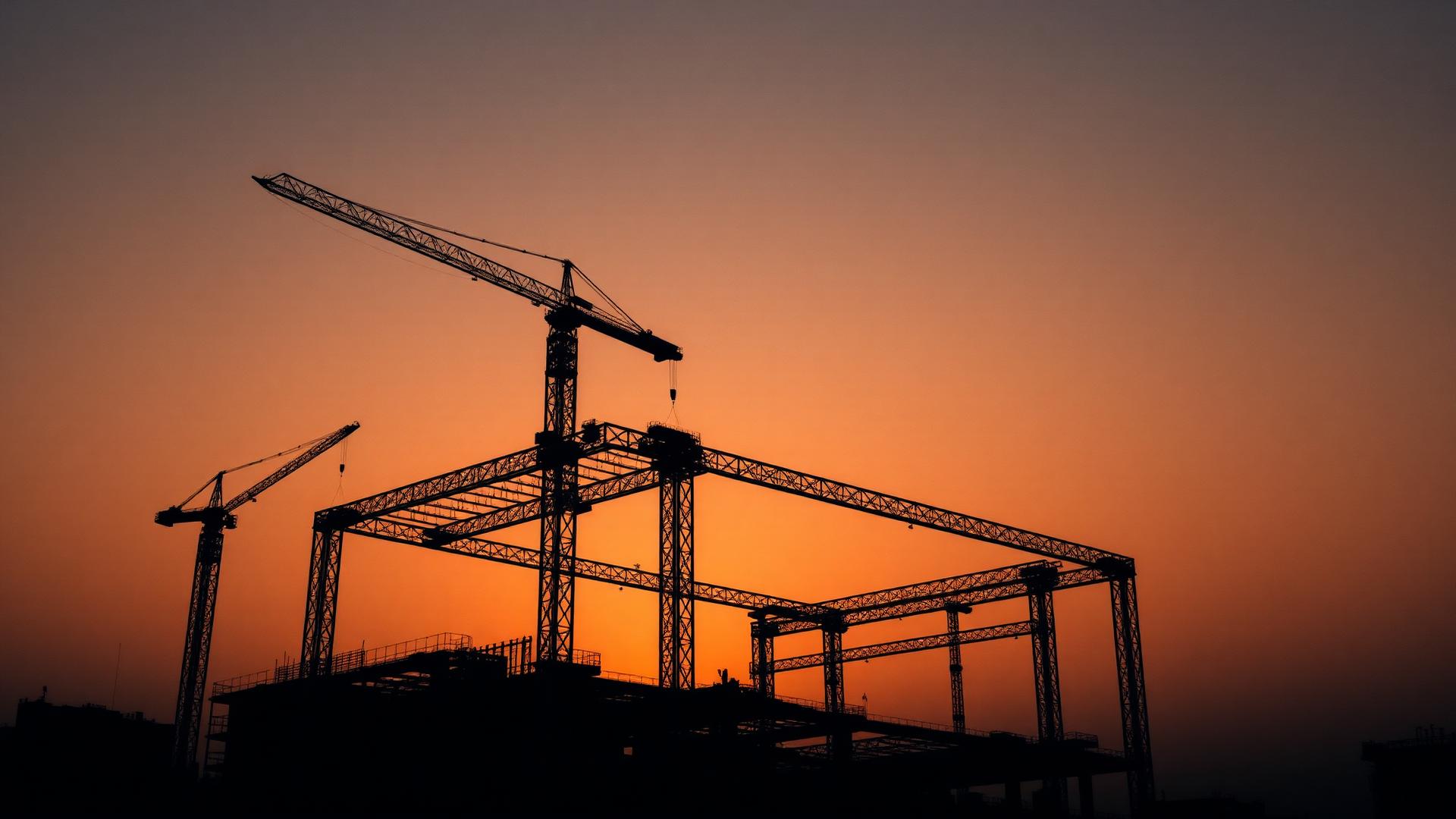 Steel frame of a building under construction at dusk