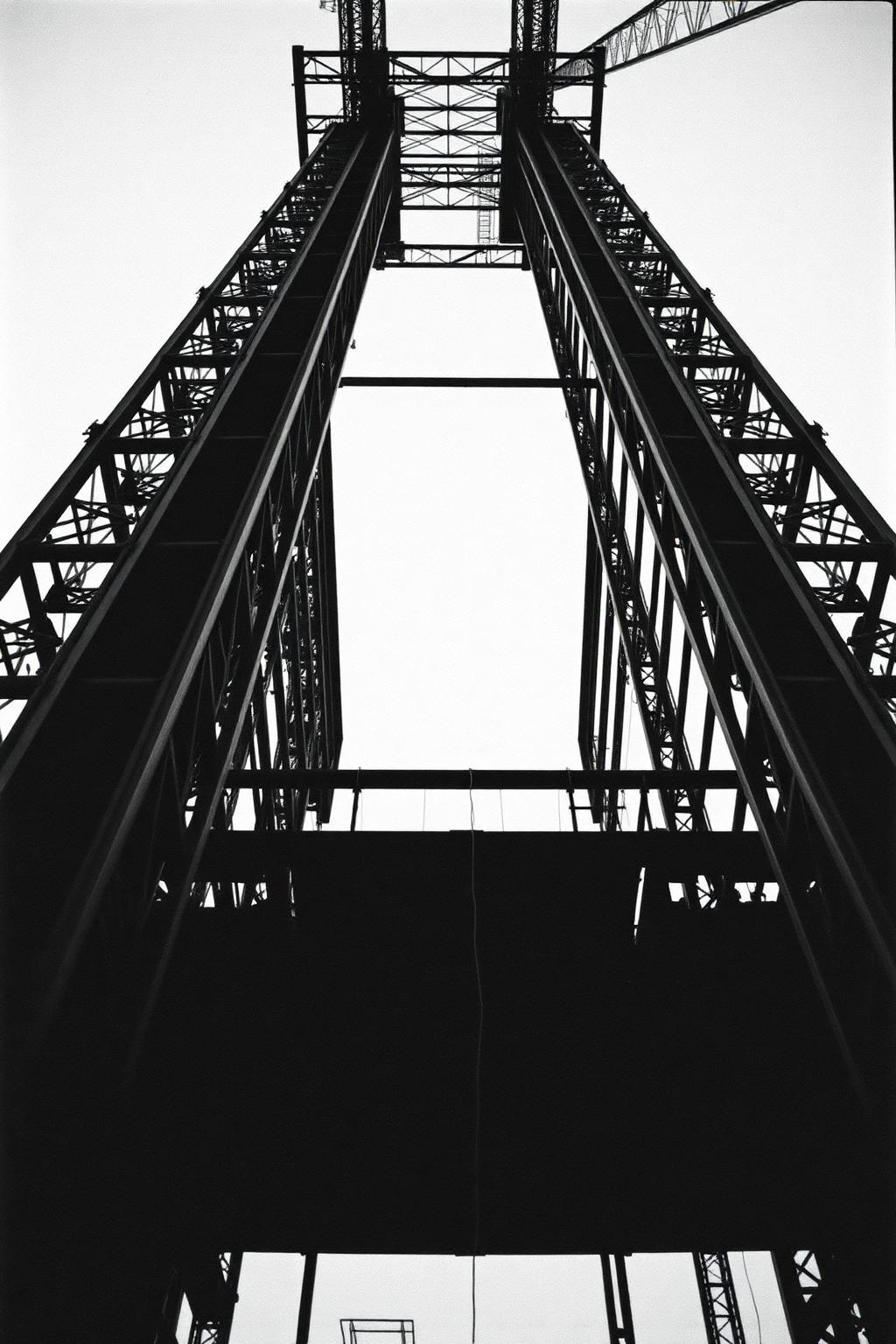 Looking up at a steel high-rise frame